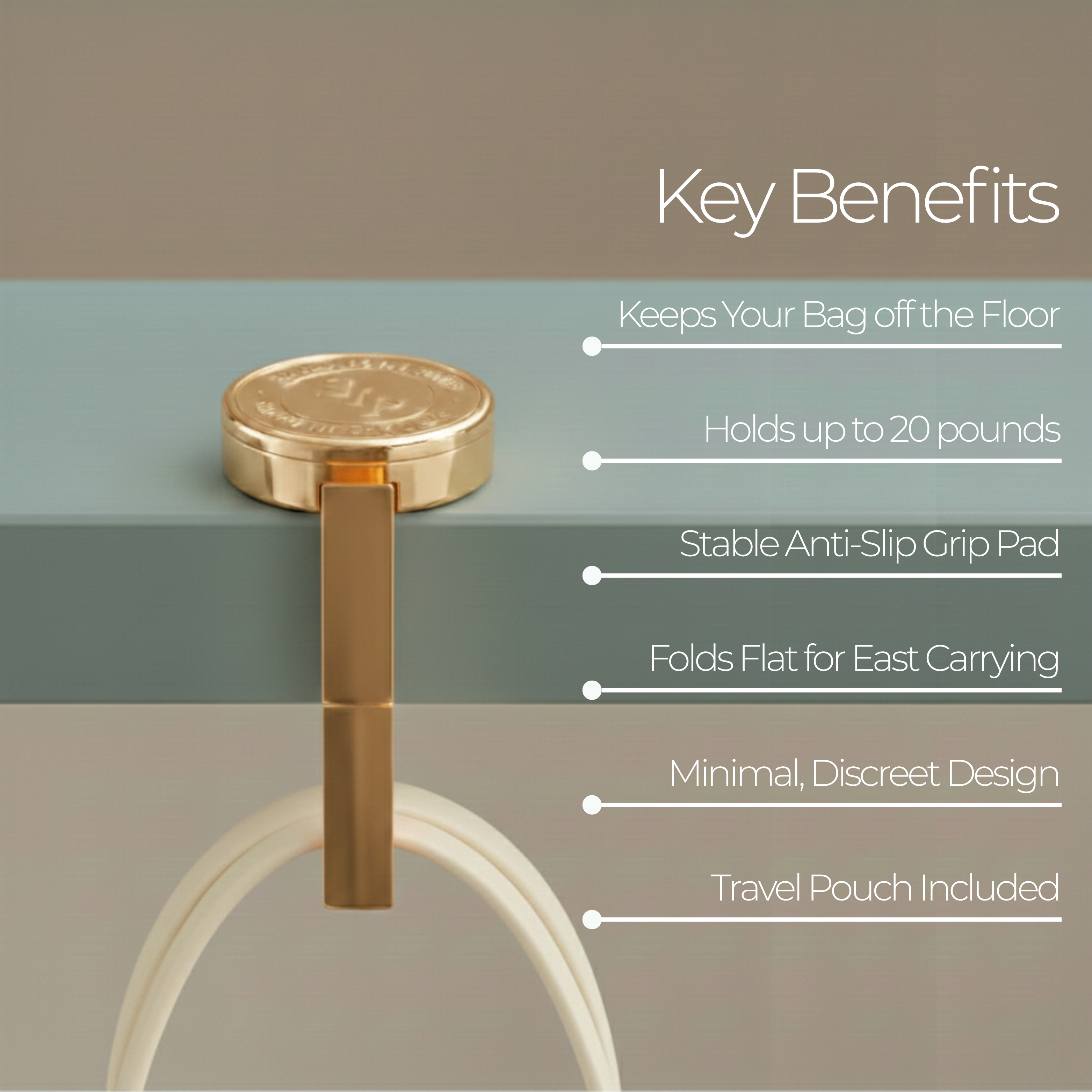 Gold bag hook with key benefits listed on a gray background
