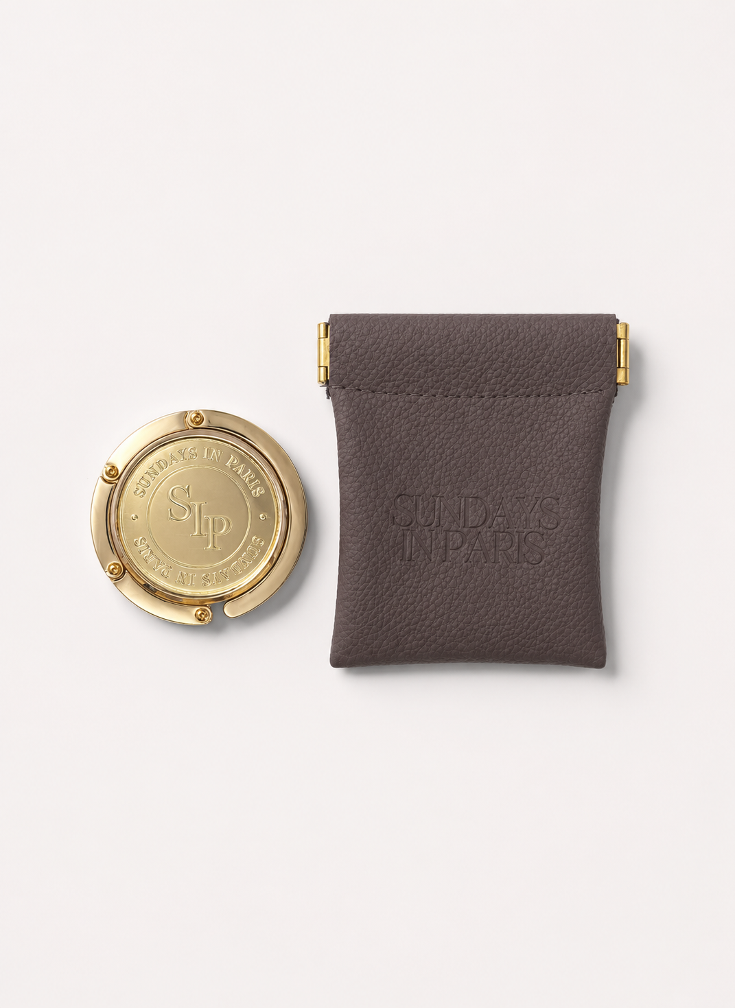 Le Petite gold purse hook with vegan leather travel pouch from Sundays in Paris