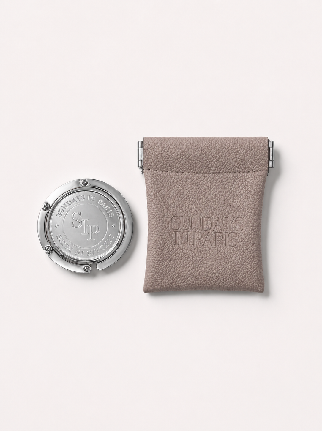 Le Petite silver purse hook with vegan leather travel pouch from Sundays in Paris