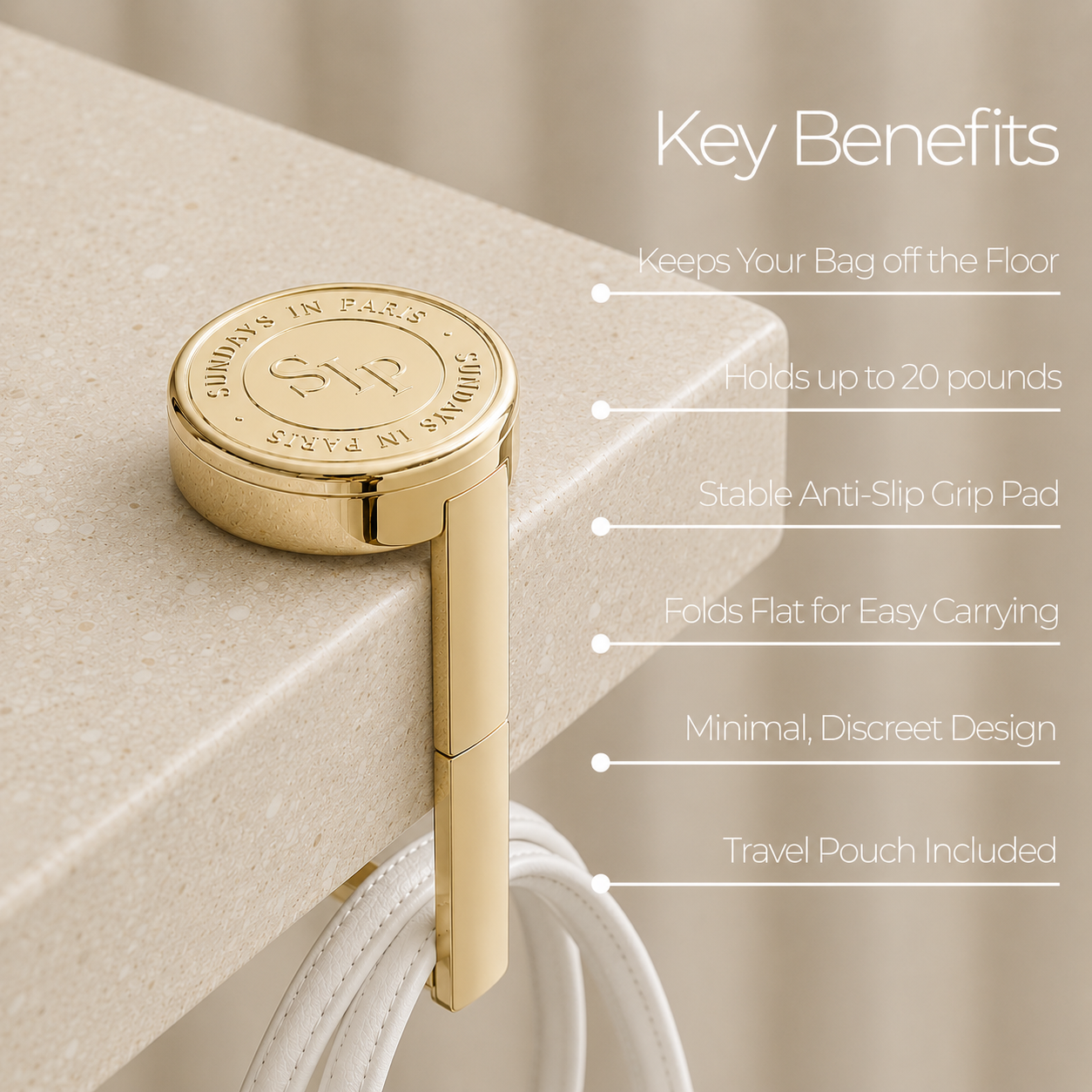 Key benefits of the Sundays in Paris gold purse hook, portable, foldable, and holds up to 20 lbs