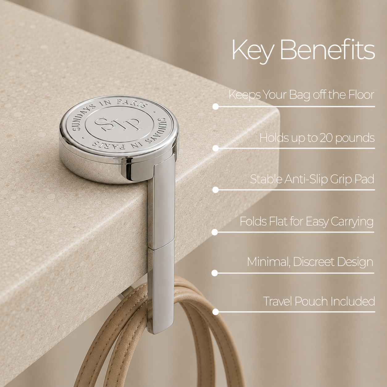 Key benefits of the Sundays in Paris silver purse hook, portable, foldable, and holds up to 20 lbs