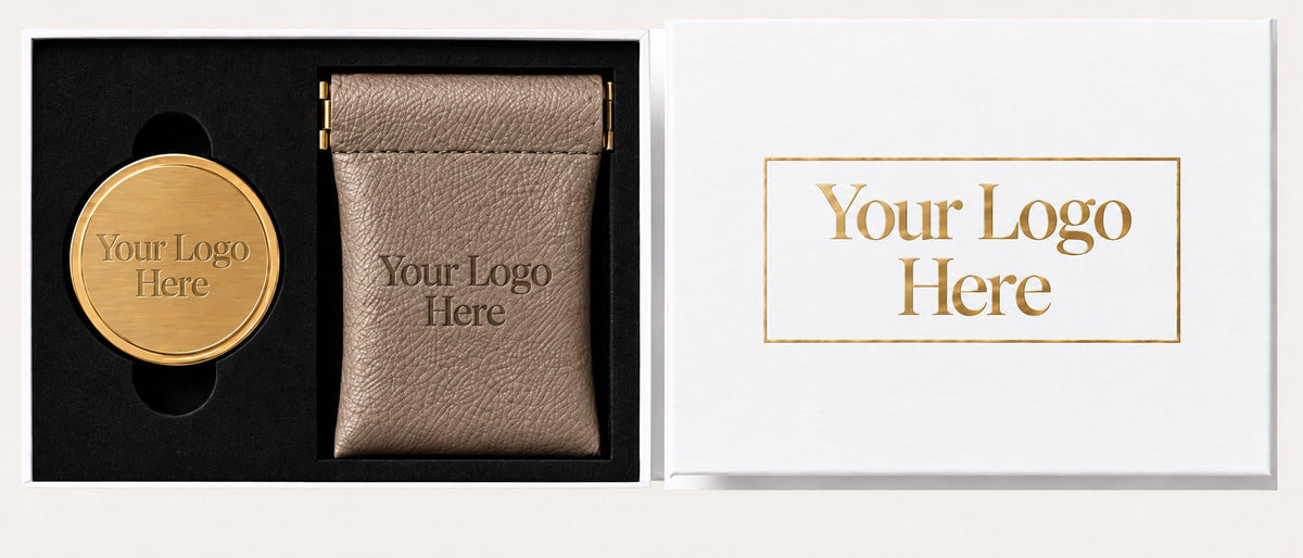 Le Signature gold hook, vegan leather pouch and gift box lid, each engraved or foiled with your logo